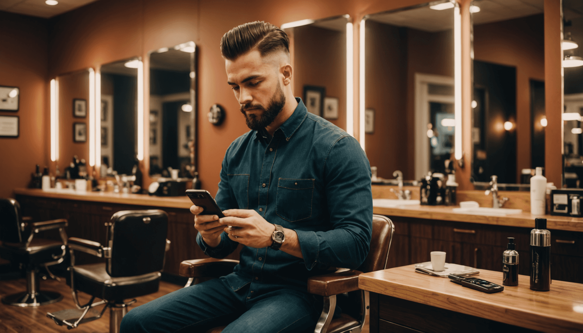 Barber using online booking on phone