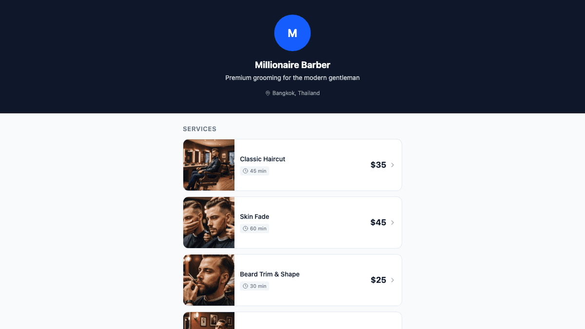 SlotPage booking page showing services, prices, and availability